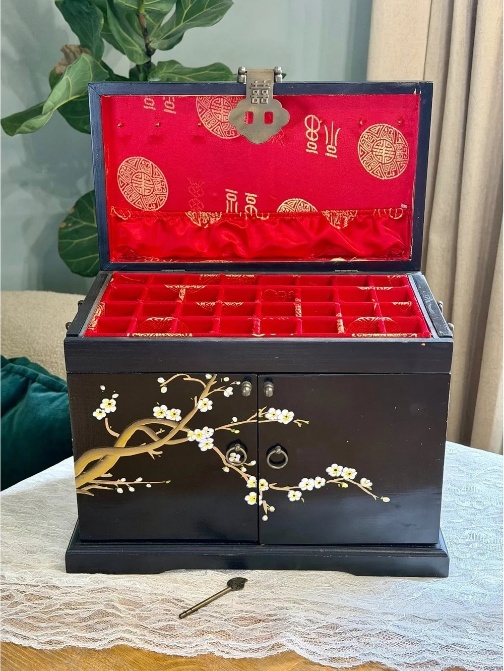 Vintage Chinese Lacquer Jewelry Box Hand Painted Birds Red Brocade